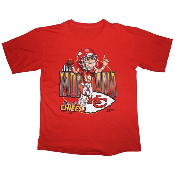 Vintage 1993 Joe Montana #19 Kansas City Chiefs NFL Caricature T-Shirt Large - Picture 1 of 8